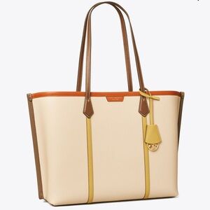Tory Burch Cream and Tan Tote with Orange Accents